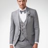 Bräutigam in einem eleganten, hellgrauen Dreiteiler mit Fliege und Ansteckblume – klassischer Hochzeitsanzug mit Weste und Sakko.