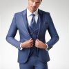 Moderner blauer Hochzeitsanzug für Bräutigam mit Weste, Krawatte und eleganter Passform