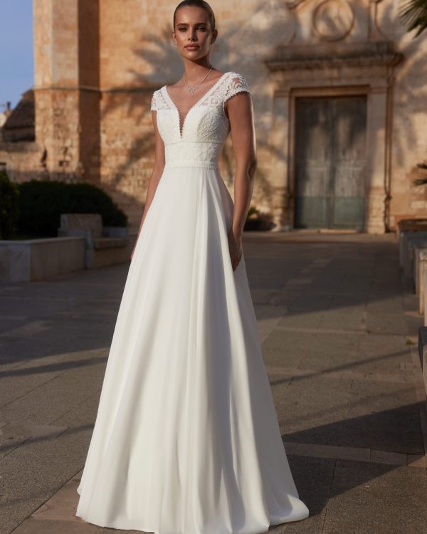 Boho Vintage A-Linie Brautkleid mit Chiffonrock und Spitze, ideal für standesamtliche oder freie Trauungen