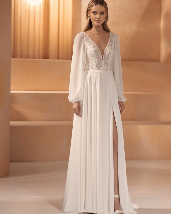 A-Linie Brautkleid mit langen Ärmeln, tiefem Ausschnitt und Schlitz aus Chiffon