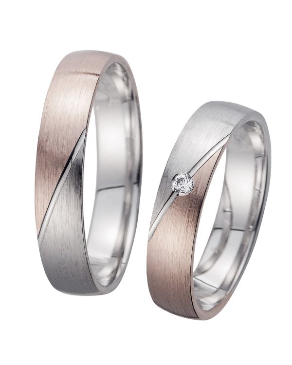 Zweifarbige Trauringe mit Brillant und schrägem Design