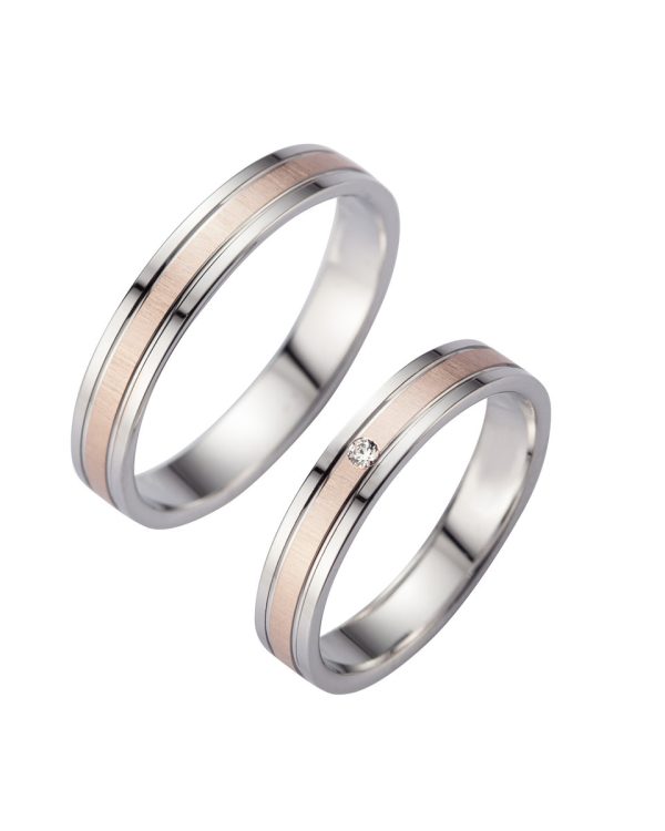 Trauringe mit Weiß- und Roségold – moderne Eheringe mit zweifarbiger Oberfläche und dezentem Brillant