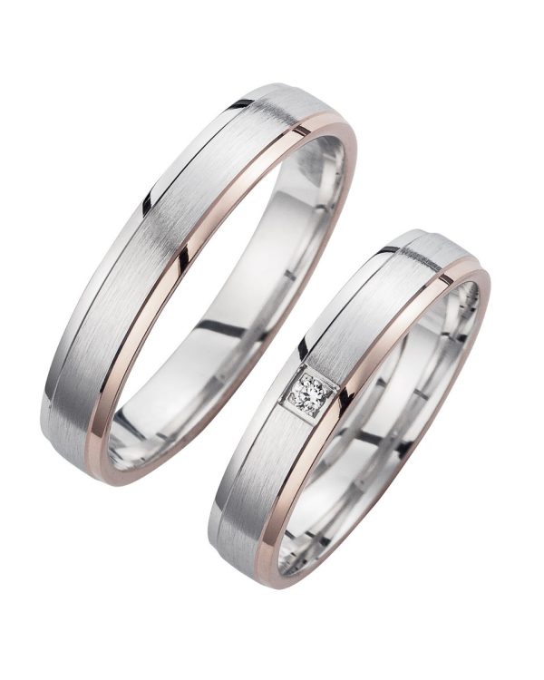 Trauringe mit Weiß- und Roségold – elegante Eheringe mit mattem Finish und eckigem Brillanten
