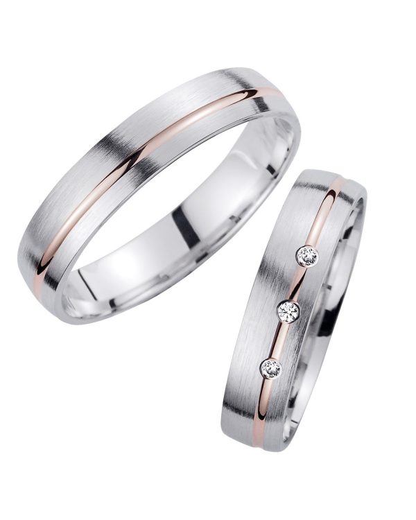 Trauringe mit Weißgold und roségoldener Fuge – elegante Eheringe mit dezentem Brillantbesatz und modernem Bicolor-Design