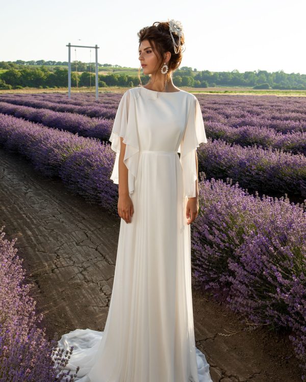 A-Linien Brautkleid aus Chiffon mit zarten Ärmeln, ideal für das Standesamt oder eine Sommerhochzeit im Freien.